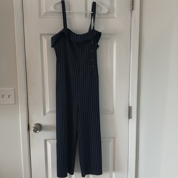Essue Navy Pinstripe Wide Leg Jumpsuit | Button Detail | Size M - Picture 5 of 7